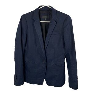 J. Crew Linen Blazer Women Sz 2 Navy Blue Structured Work Capsule Wardrobe